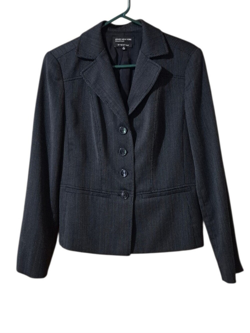 Jones N.Y. Stretch Dark Gray Textured Button Front Wool Blend Blazer SZ 10 EUC